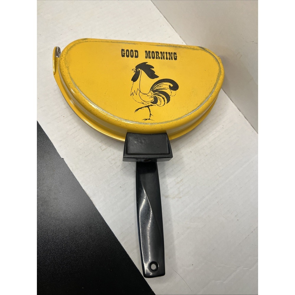 Vintage Good Morning Rooster Folding Omelet Pan Yellow Retro Hinged Skillet